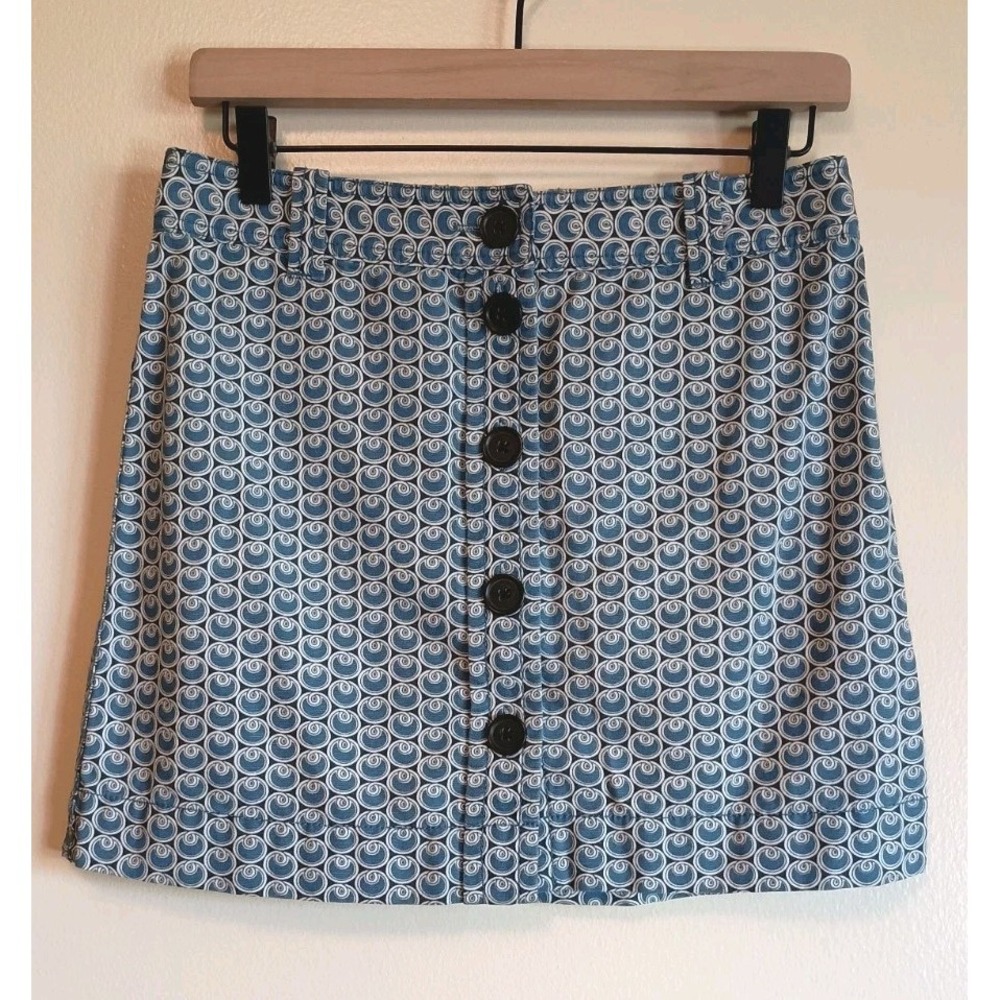 J.Crew Blue Swirl Print Button Front Mini Skirt Size 2 Retro Mod Cotton